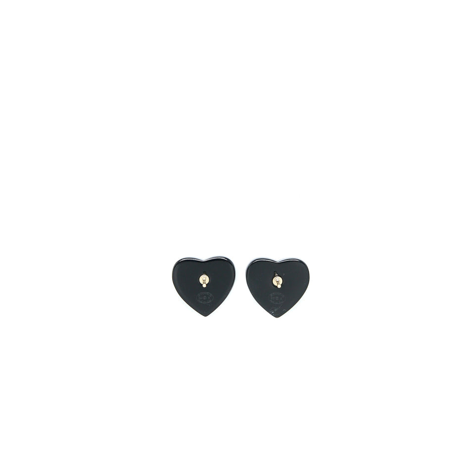 Chanel Heart Shape CC Logo Earrings Crystal Black Light Gold Tone