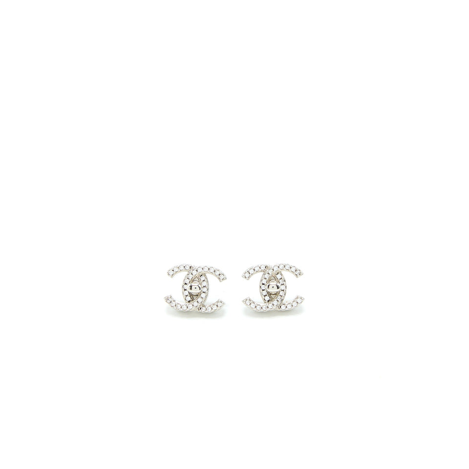 Chanel CC Logo Earrings Crystal Silver Tone