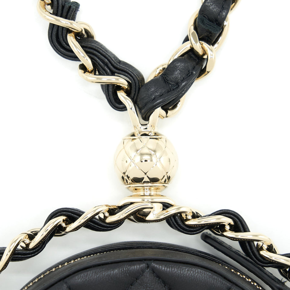 Chanel Round Clutch With Chain Lambskin Black L