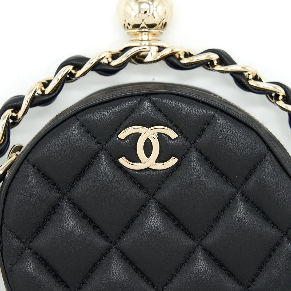 Chanel Round Clutch With Chain Lambskin Black L