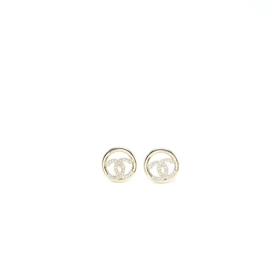 Chanel Round CC Logo Earrings Crystal Light Gold Tone