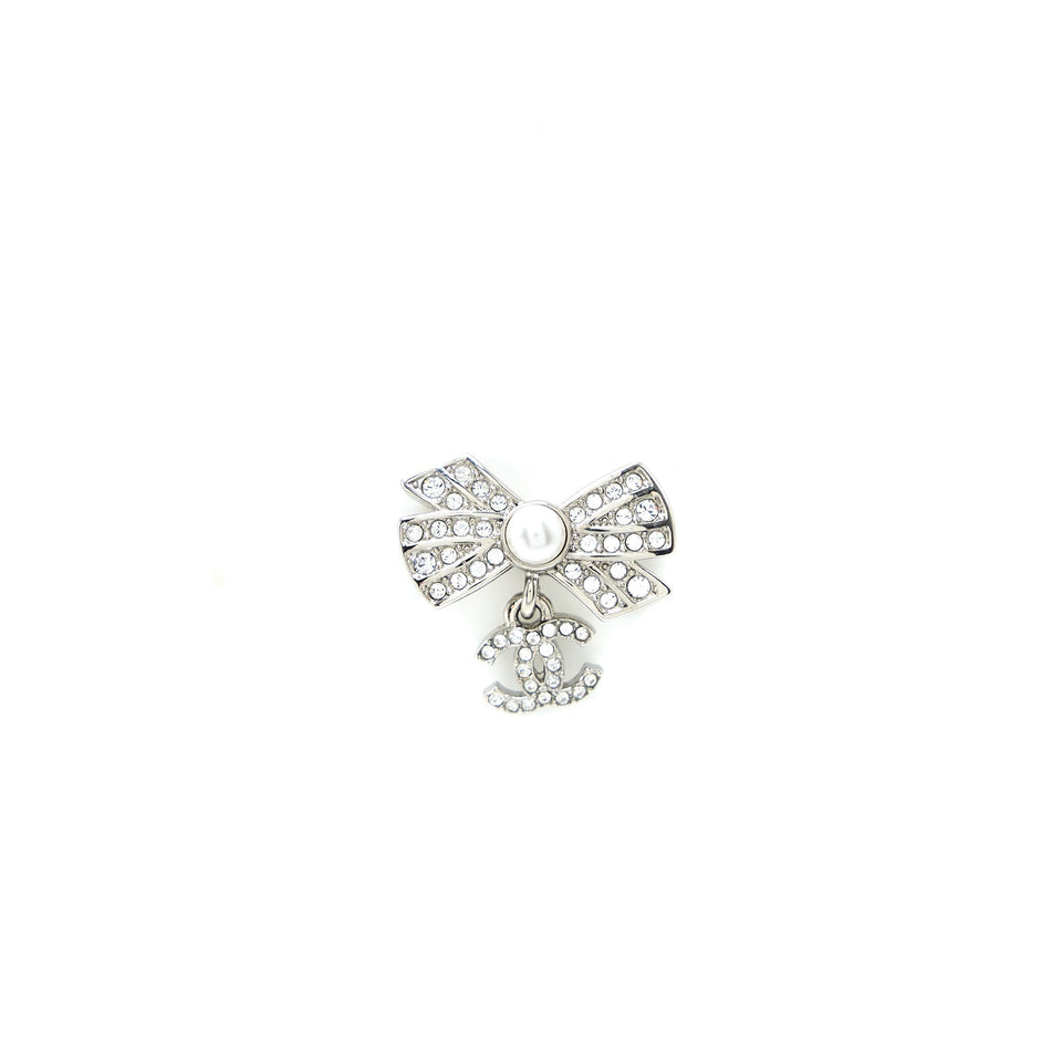 Chanel Ribbon with CC Drop Earrings Pearl/Crystal Silver Tone