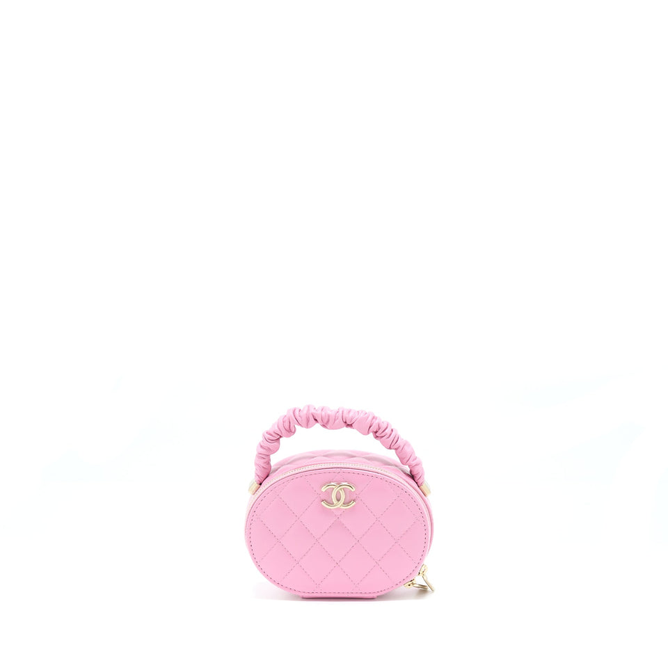 Chanel 22S Top Handle Mini Round Vanity Clutch Lambskin Pink L