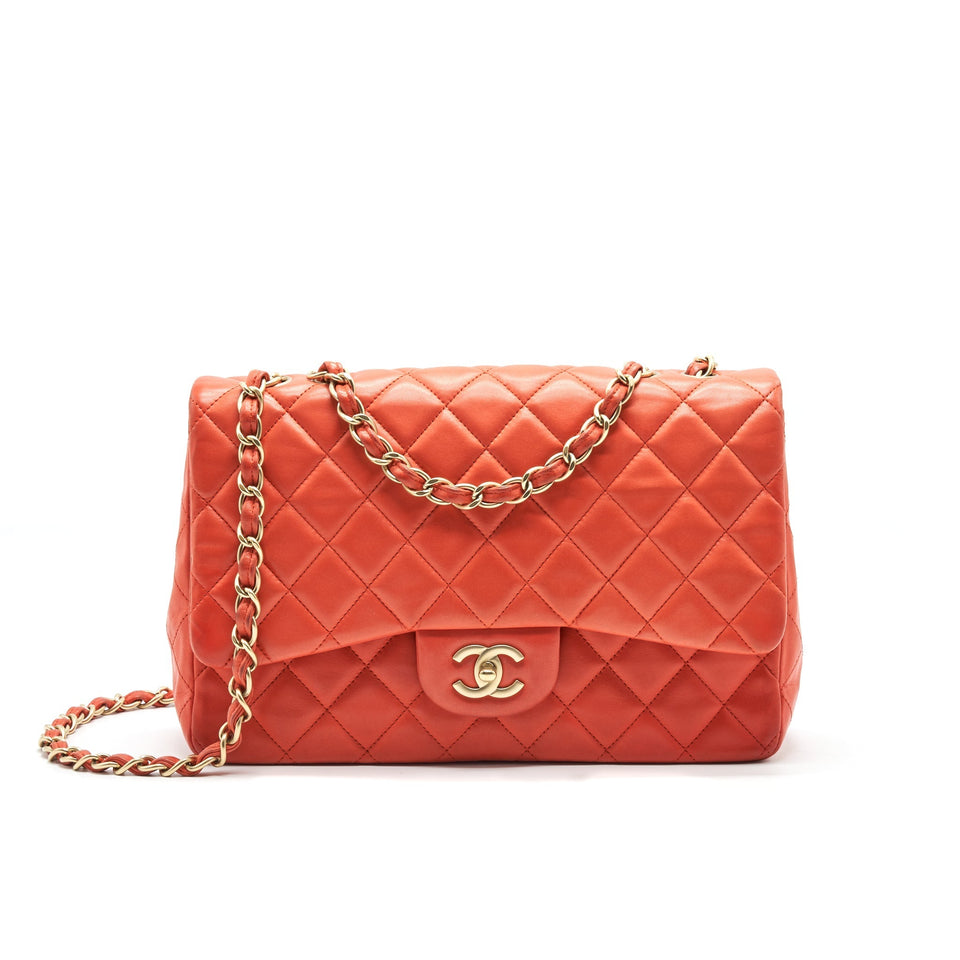 Chanel CLASSIC SINGLE FLAP JUMBO BAG ORANGE LAMBSKIN