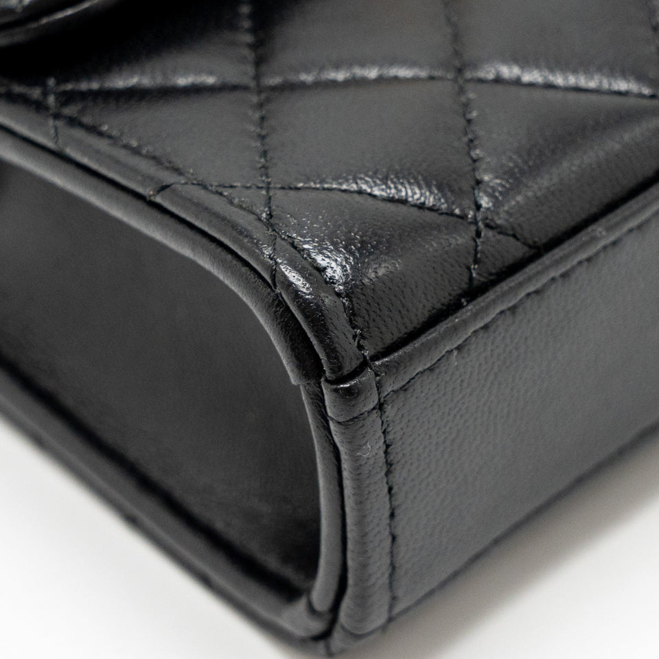Chanel Detailed Top Handle Mini Clutch with Chain Lambskin Black  (Microchip)