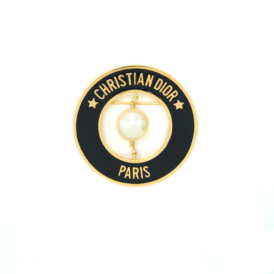 Christian Dior Round Pearl Brooch Black