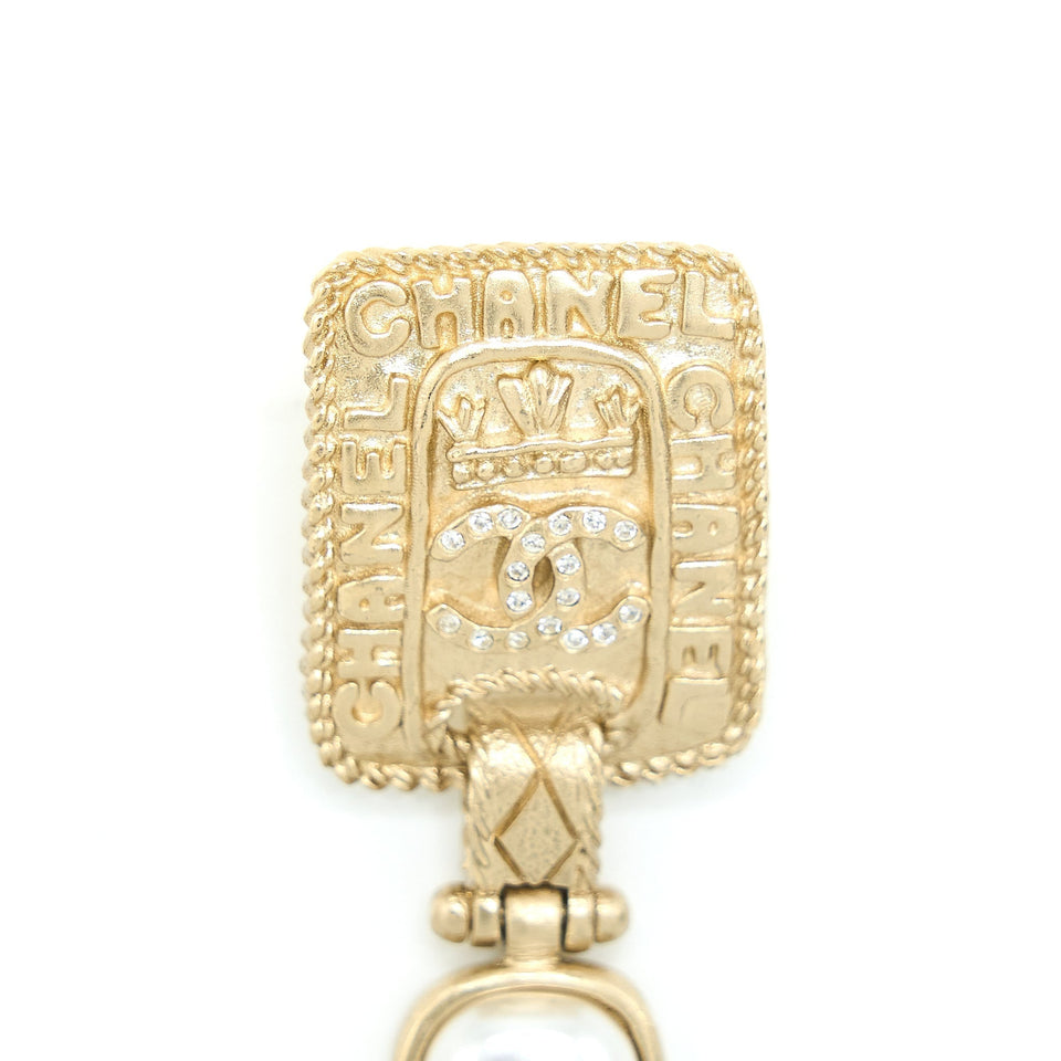Chanel Gold Plate Pearl Drop Earrings Brushed Light Gold Tone