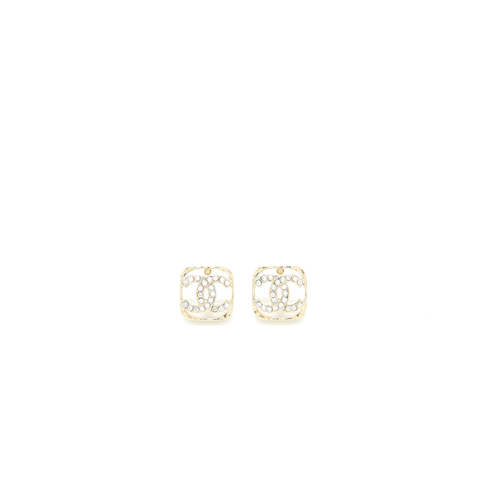 Chanel Square CC Logo Earring Crystal Light Gold Tone