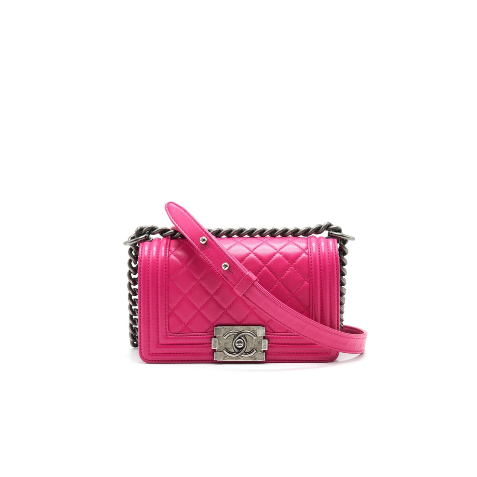 Chanel SMALL BOY BAG LAMBSKIN RUTHENIUM HARDWARE HOT PINK