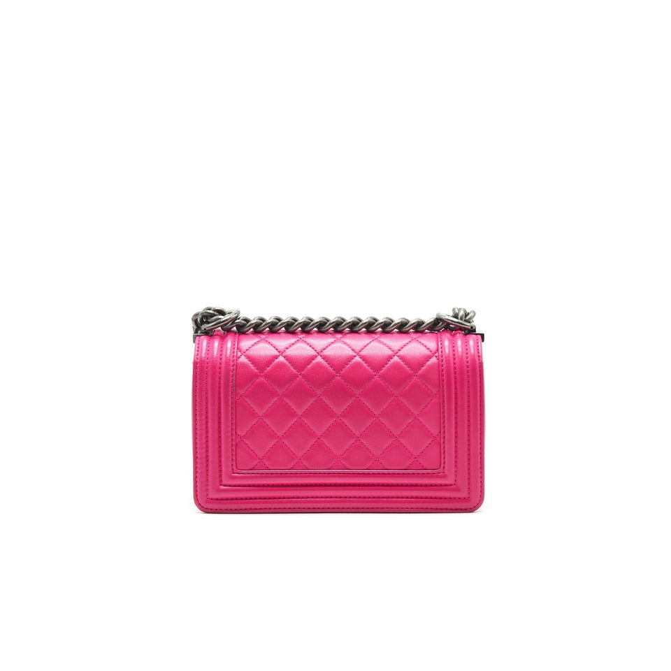 Chanel SMALL BOY BAG LAMBSKIN RUTHENIUM HARDWARE HOT PINK