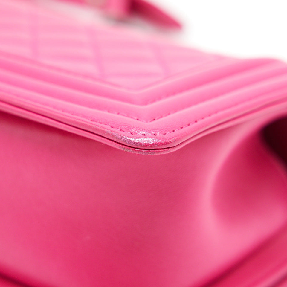 Chanel SMALL BOY BAG LAMBSKIN RUTHENIUM HARDWARE HOT PINK