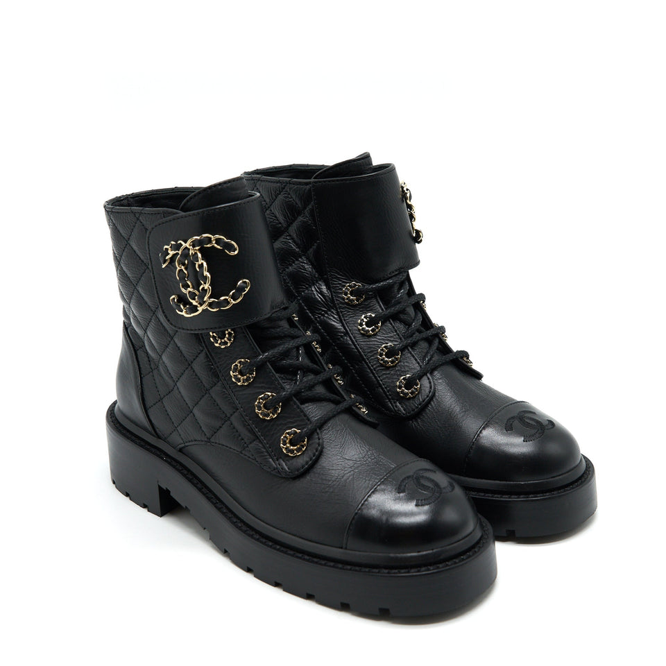 Chanel LEATHER LACE UP BOOTS BLACK SIZE35