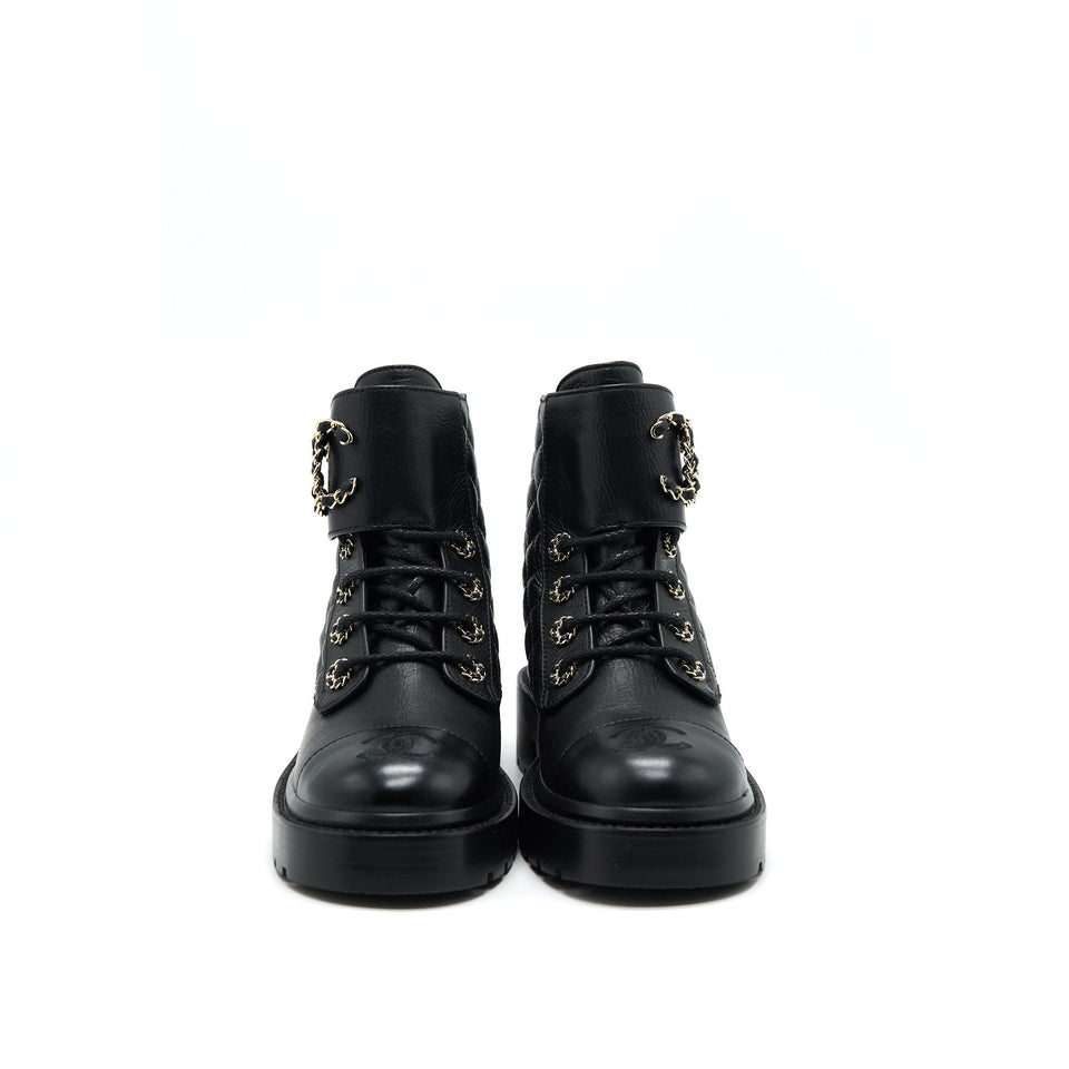Chanel LEATHER LACE UP BOOTS BLACK SIZE35