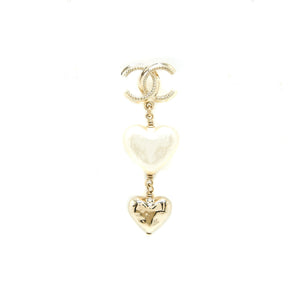 Chanel CC Logo Heart Drop Earrings Light Gold Tone
