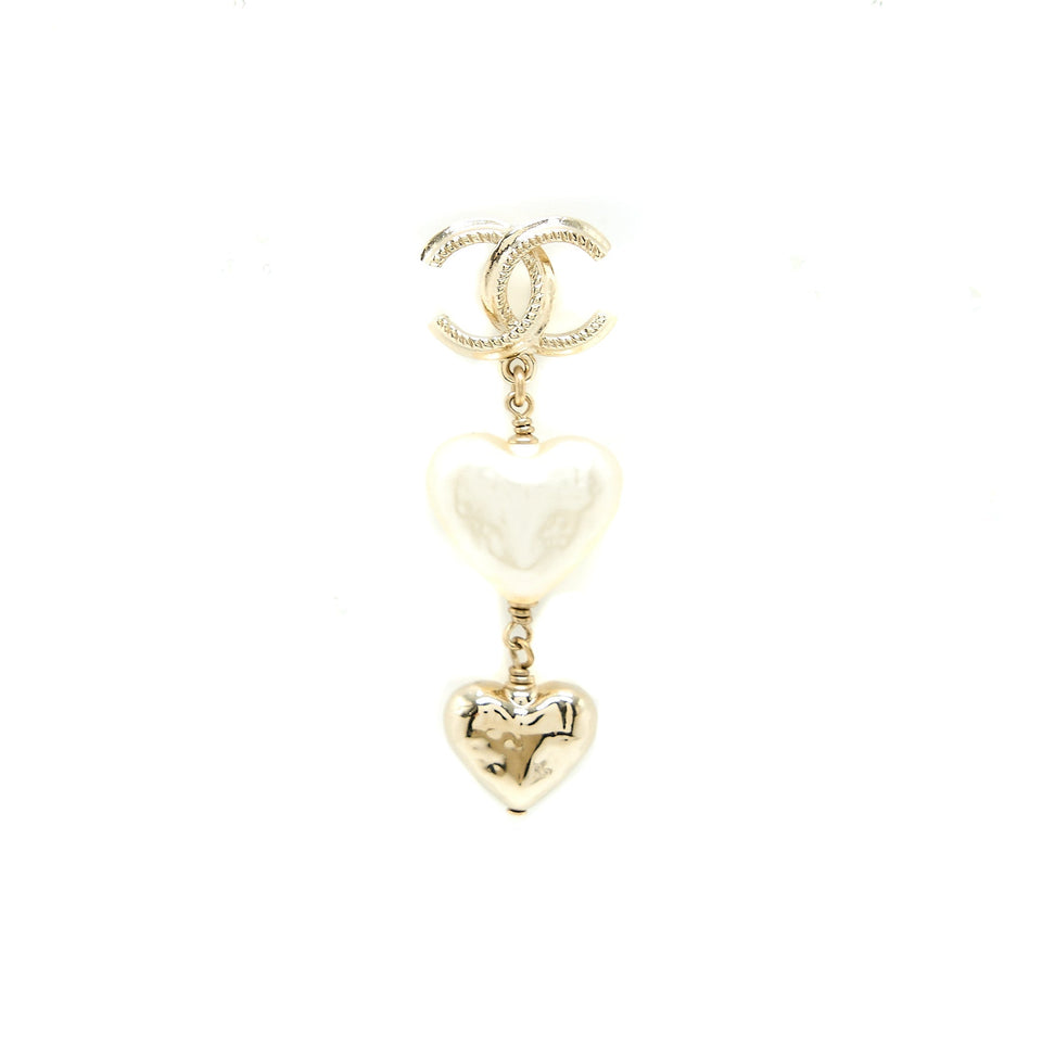 Chanel CC Logo Heart Drop Earrings Light Gold Tone