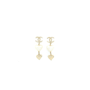 Chanel CC Logo Heart Drop Earrings Light Gold Tone