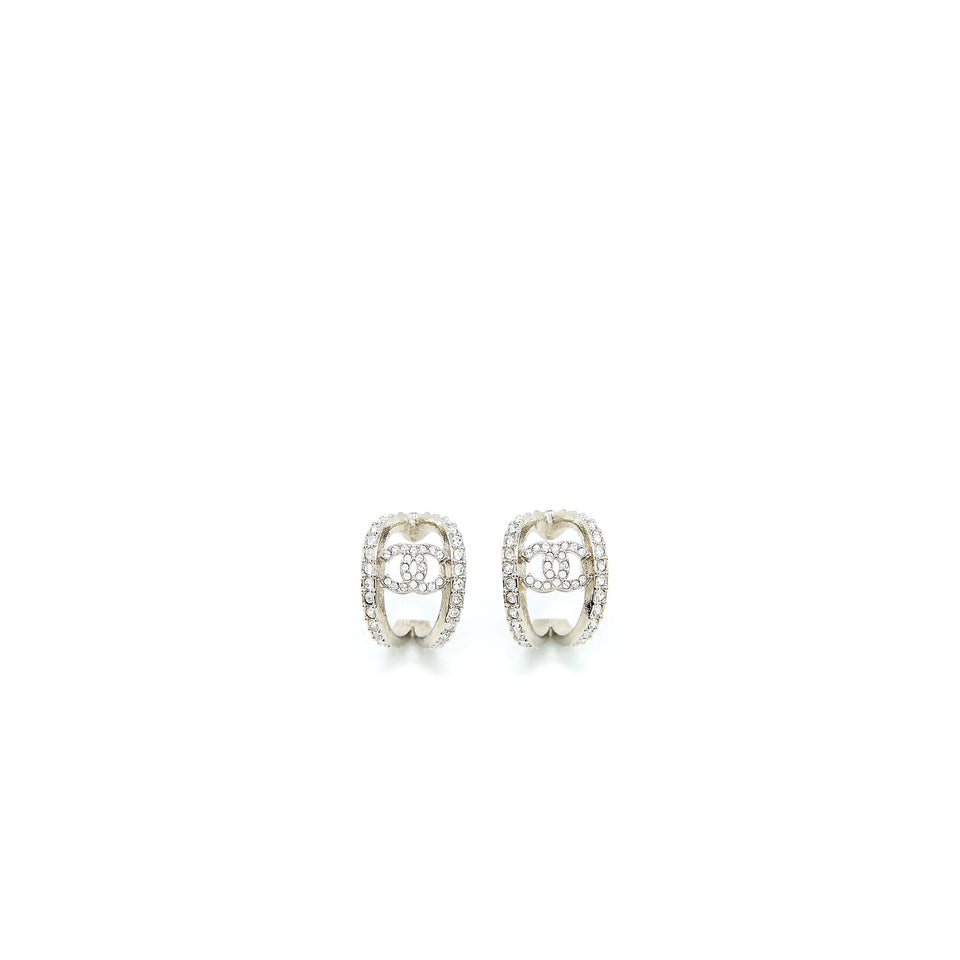 Chanel CC Logo Earring With Full Crystals Silver Tone