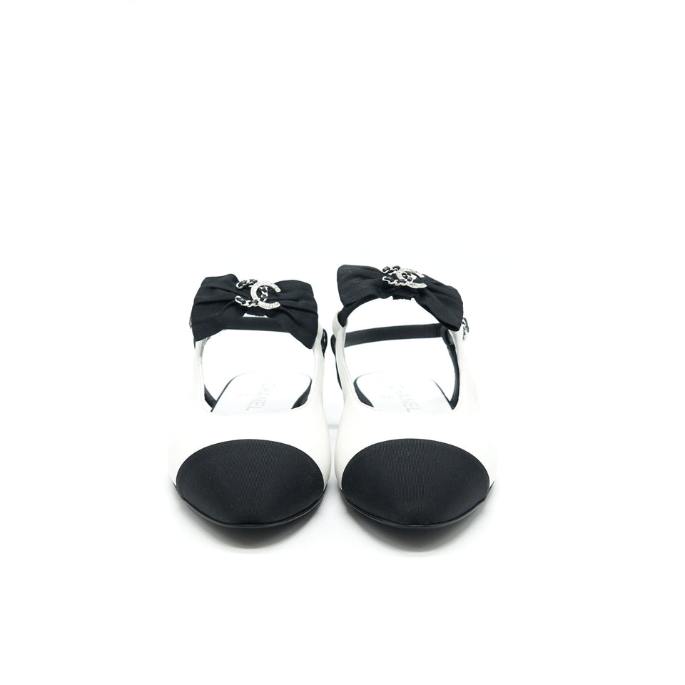 Chanel Slingback Flats With Ribbons White and Black Size38.5