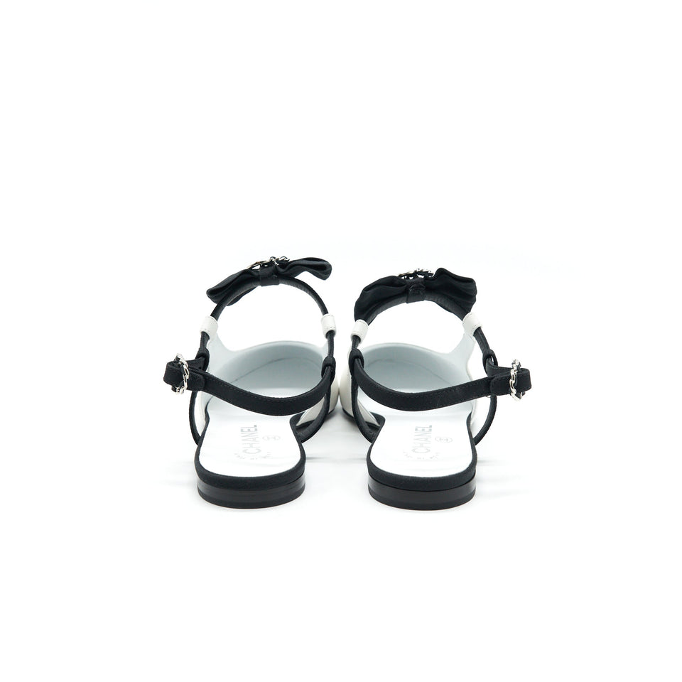 Chanel Slingback Flats With Ribbons White and Black Size38.5