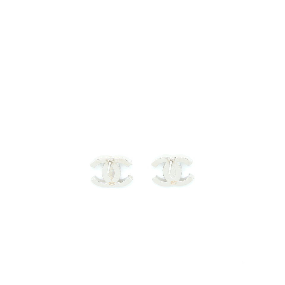 Chanel Mini CC Logo Earrings Silver Tone