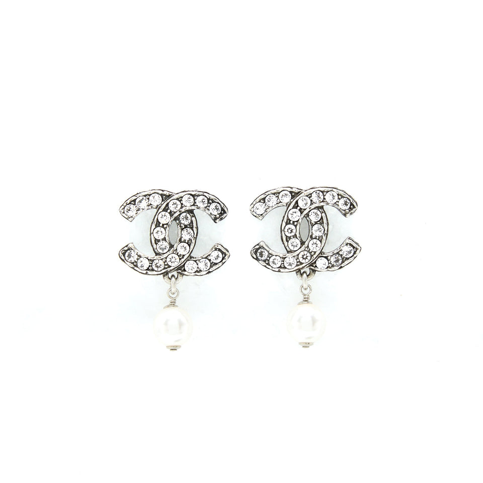 Chanel Crystal CC Earrings With Dropping Pearl