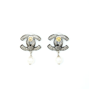 Chanel Crystal CC Earrings With Dropping Pearl