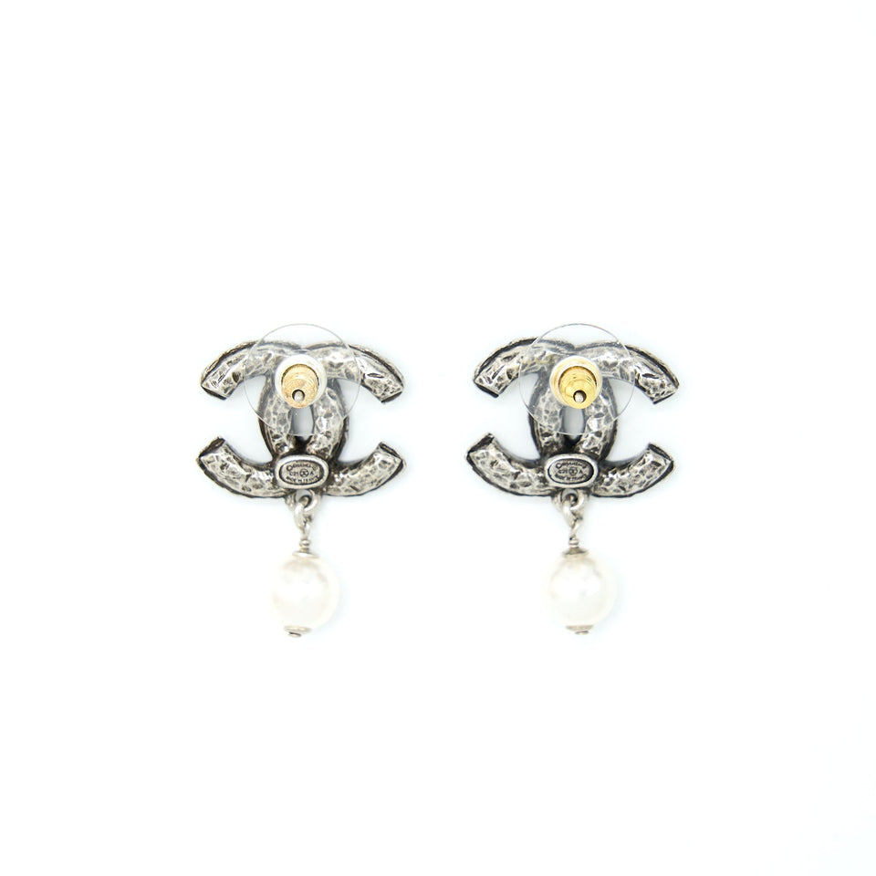 Chanel Crystal CC Earrings With Dropping Pearl