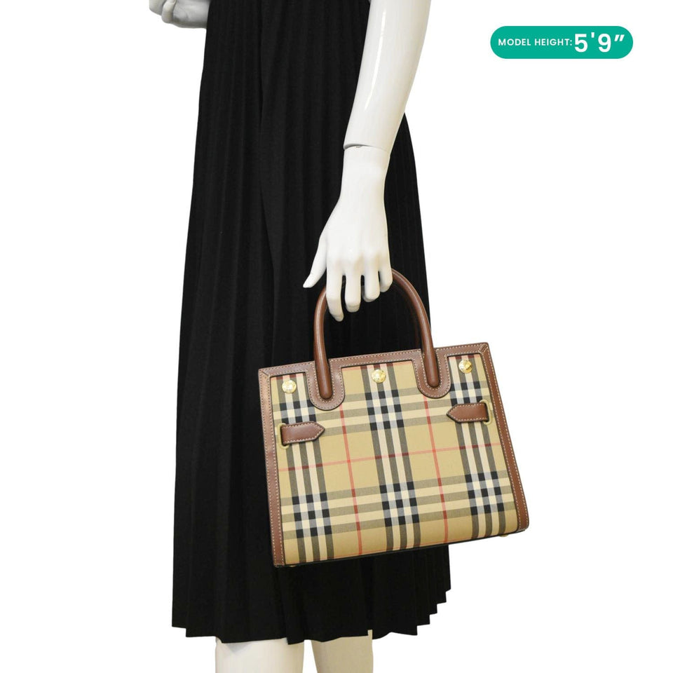Luxury Burberry Title Mini Vintage Check Canvas Two Handle Shoulder Bag Brown