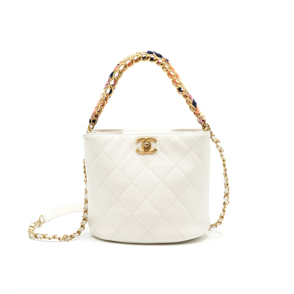 Chanel Bucket Bag With Chain Handle Caviar White