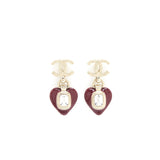 Chanel CC Logo And Heart Earrings Red And Light Gold Tone