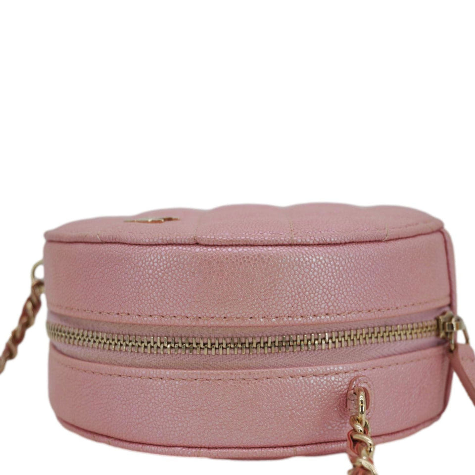 Chanel Round Quilted Iridescent Caviar Leather Clutch Crossbody Bag Pink