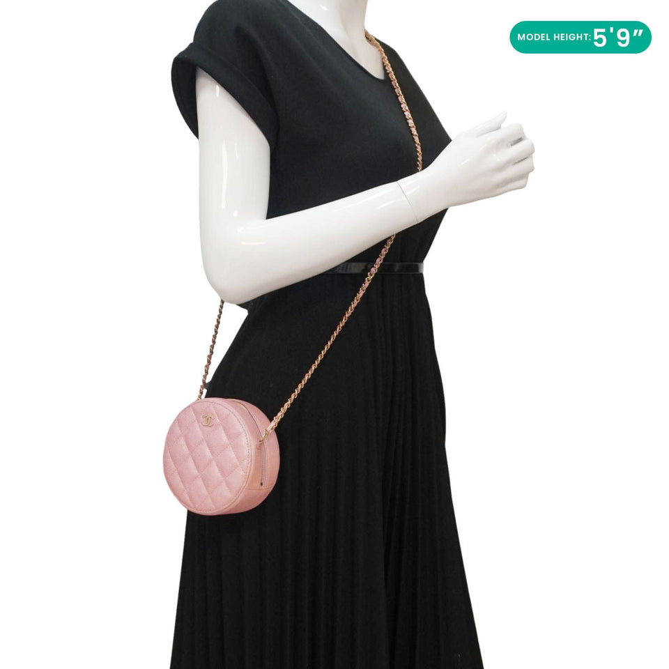 Chanel Round Quilted Iridescent Caviar Leather Clutch Crossbody Bag Pink