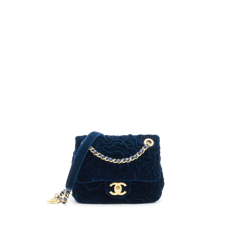 Chanel Velvet Camellia Embossed Mini Square Flap Bag Navy