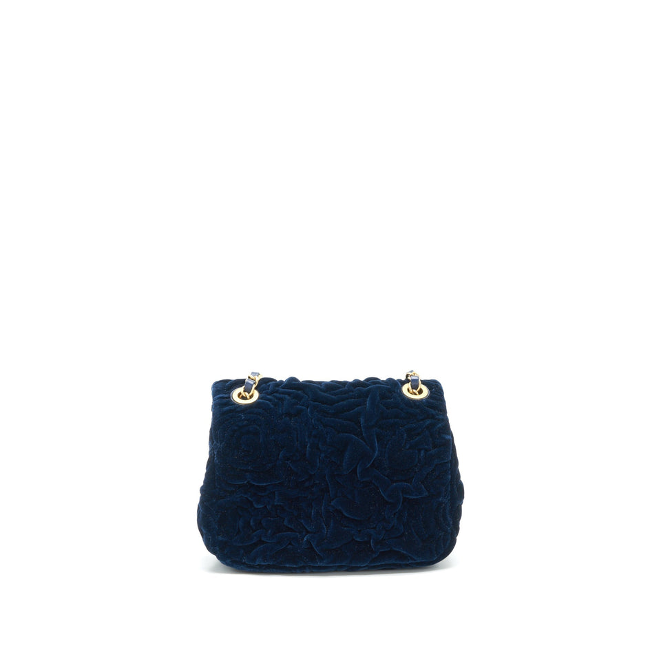 Chanel Velvet Camellia Embossed Mini Square Flap Bag Navy