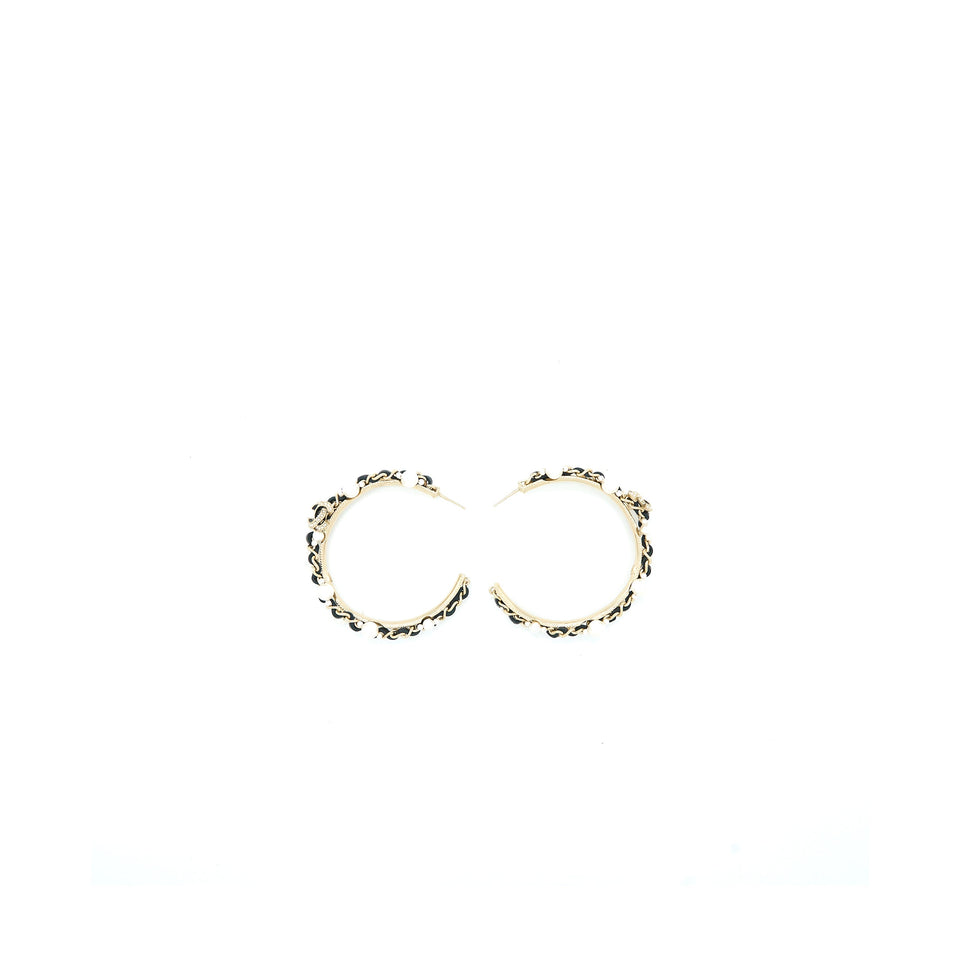Chanel CC Logo Hoop Earrings Leather Chain/Pearl/Light Gold Tone