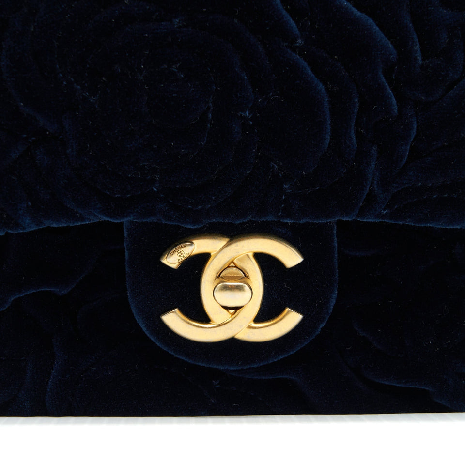 Chanel Velvet Camellia Embossed Mini Square Flap Bag Navy