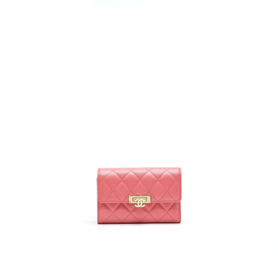 Chanel CAVIAR FLAP WALLET ROSE PINK WITH GOLD CC LOGO