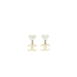 Chanel Heart & CC Drop Earrings Crystal Silver Tone