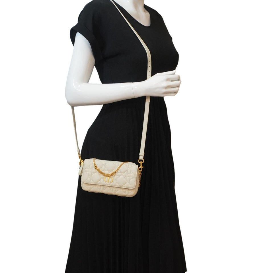 Christian Dior Caro Supple Cannage Calfskin Leather Chain Shoulder Bag Ivory