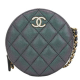 Chanel Round Quilted Iridescent Caviar Leather Clutch Crossbody Bag Green