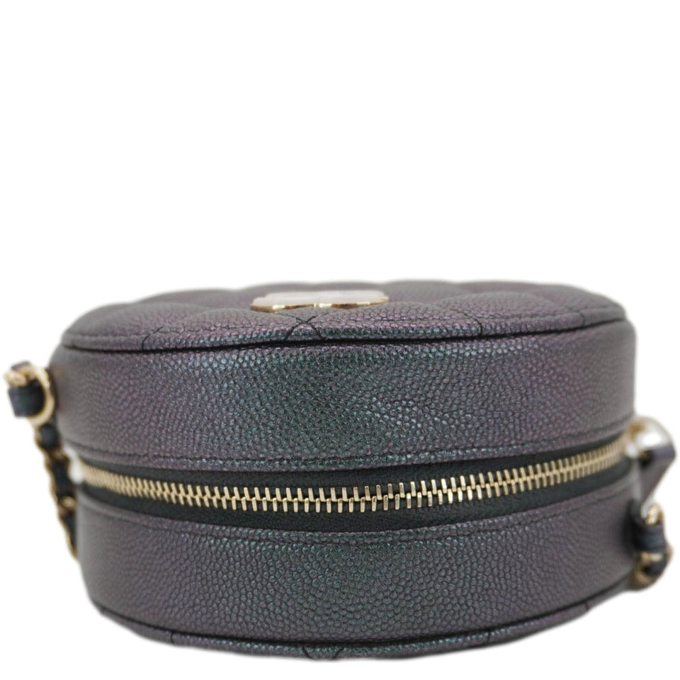 Chanel Round Quilted Iridescent Caviar Leather Clutch Crossbody Bag Green