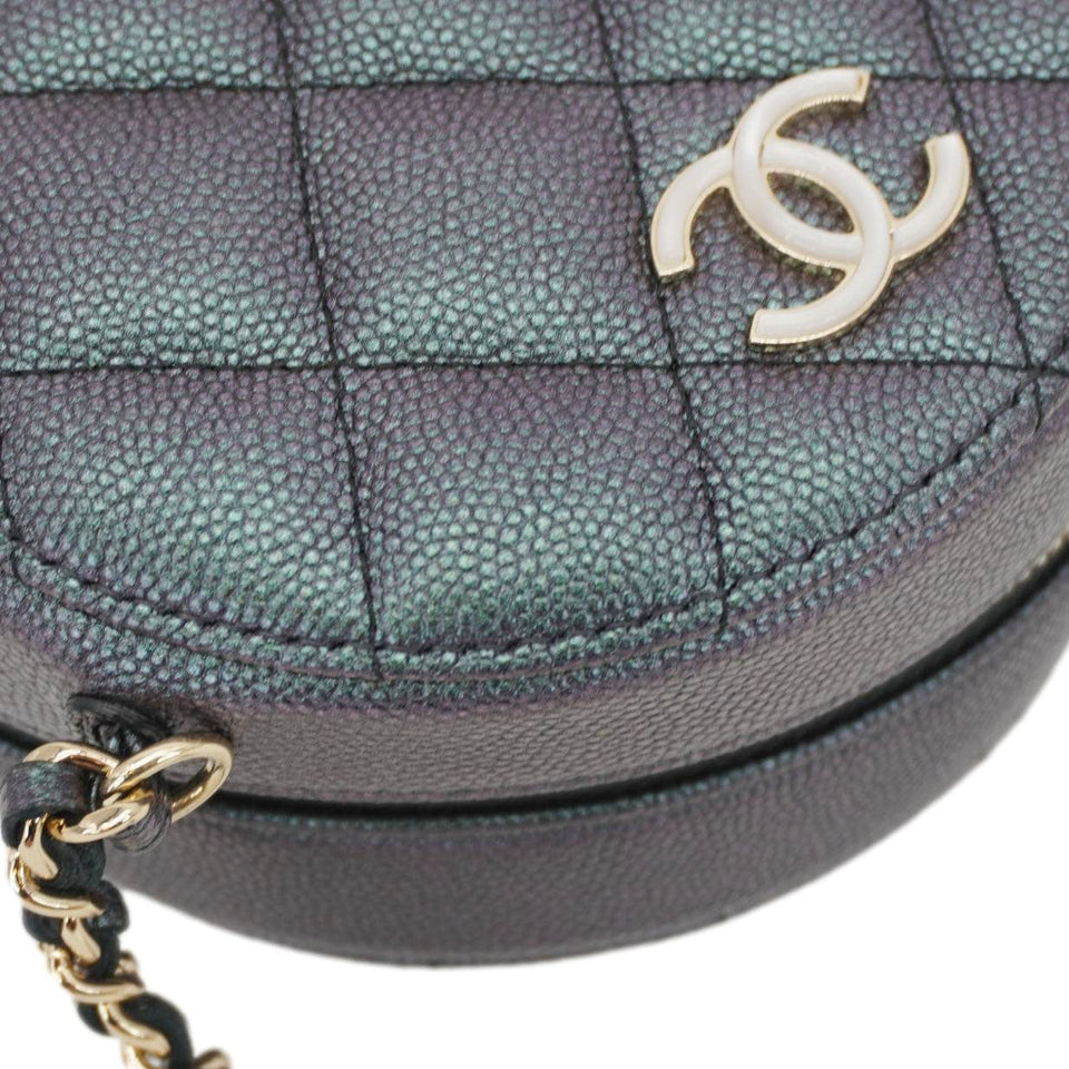 Chanel Round Quilted Iridescent Caviar Leather Clutch Crossbody Bag Green