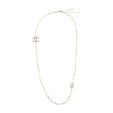 Chanel CC Logo And Pearl Long Necklace Silver Tone