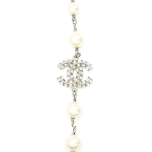 Chanel CC Logo And Pearl Long Necklace Silver Tone