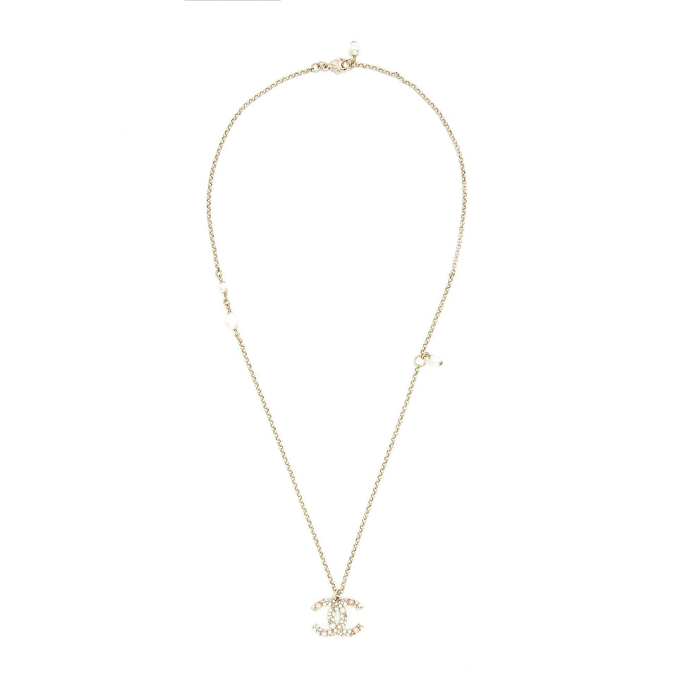 Chanel CC Logo And Pearl Necklace Light Gold Tone
