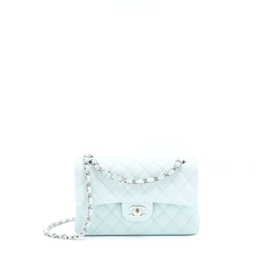 Chanel 21K Small Classic Double Flap Bag Caviar Light Blue