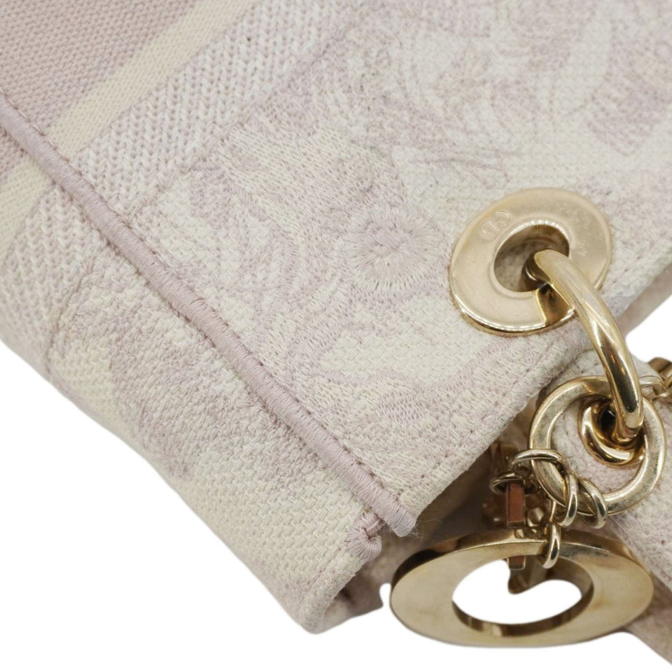 Christian Dior Lady Dior D-Lite Embroidered Canvas Shoulder Bag White