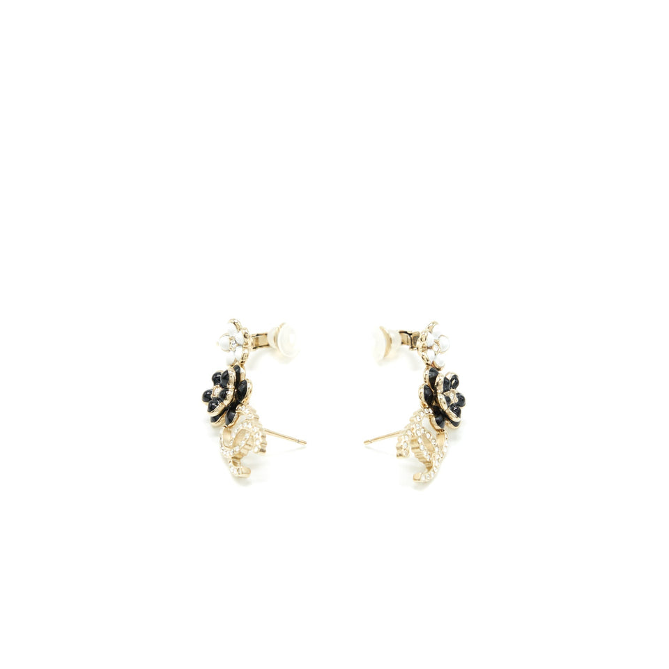 Chanel Crystal CC With Black And White Flowers Earrings L