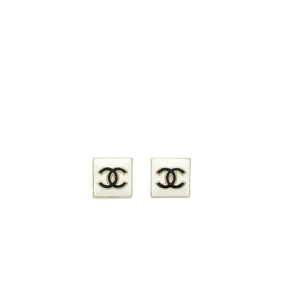 Chanel Square Enamel CC Logo Earrings Black/White Light Gold Tone