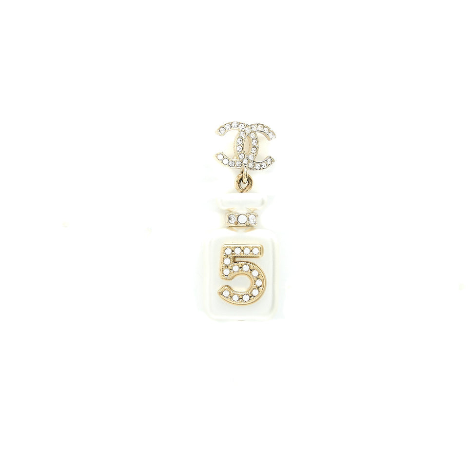 Chanel No.5 Perfume Bottle CC Logo Drop Crystal/Pearl Earrings Light Gold Tone